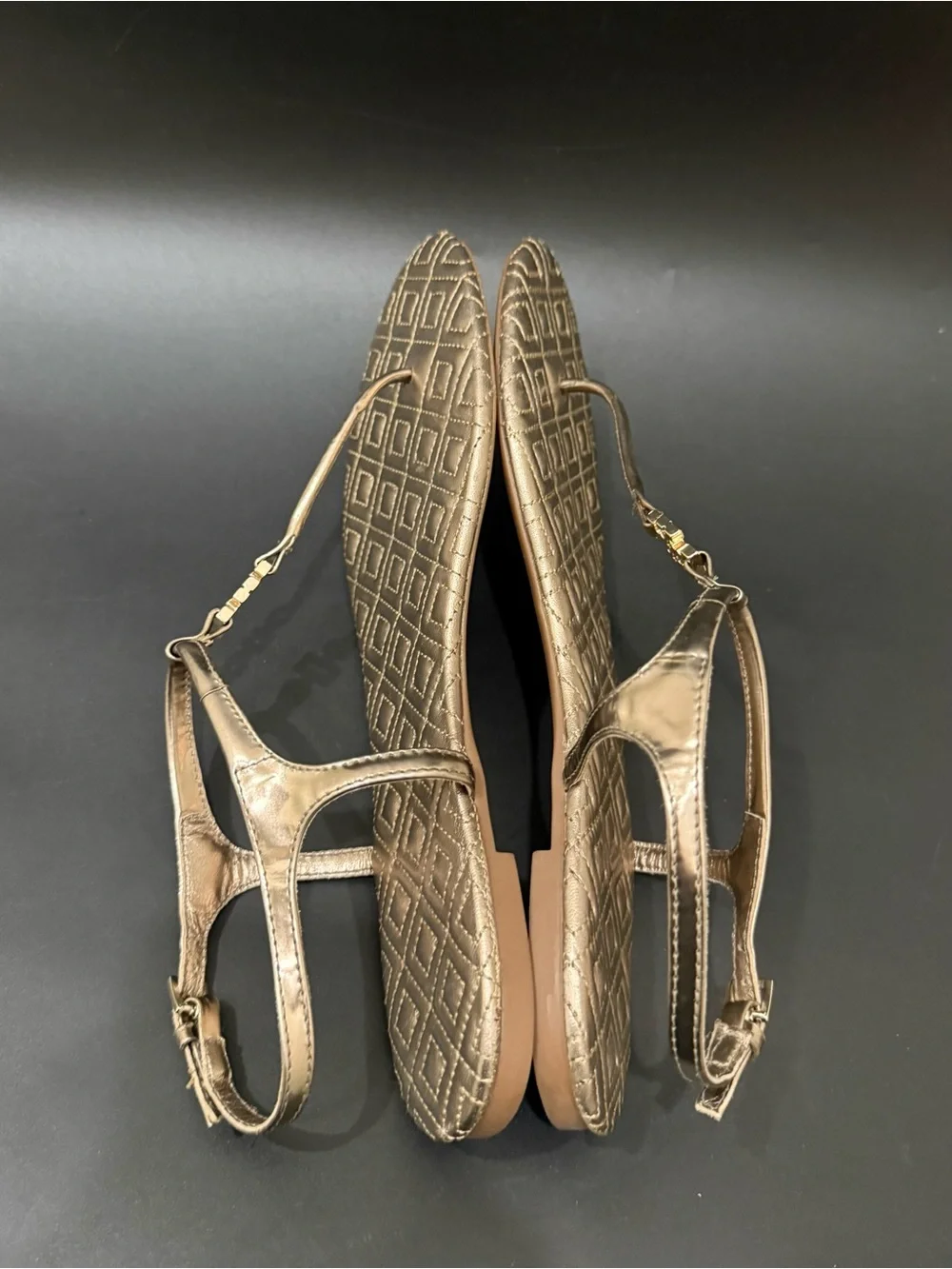 TORY BURCH Marion Quilted Gold Metallic Leather T-Strap Thong Sandals US Size 9M